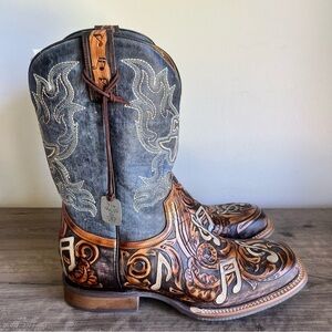 Tin Haul Brown and Black Leather Western Boots with Musical Note Tooled Design